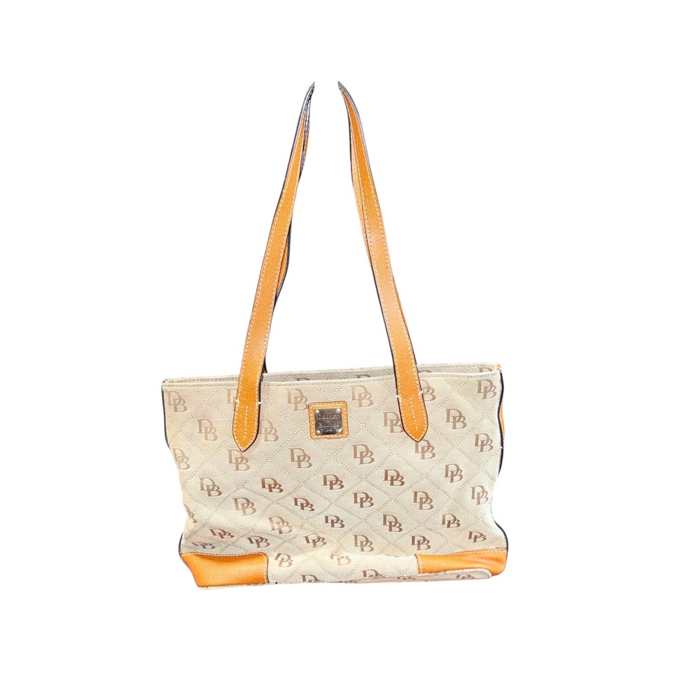 Dooney & Bourke Monogram DB Signature Jacquard Tote Bag Tan Leather Trim Beige